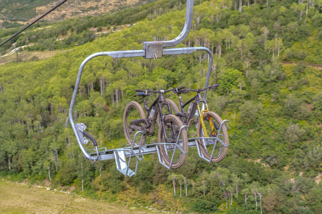 The Joys of Off-Season Travel: Chairlifts with mountain bikes Park City, Utah, USA off-season.