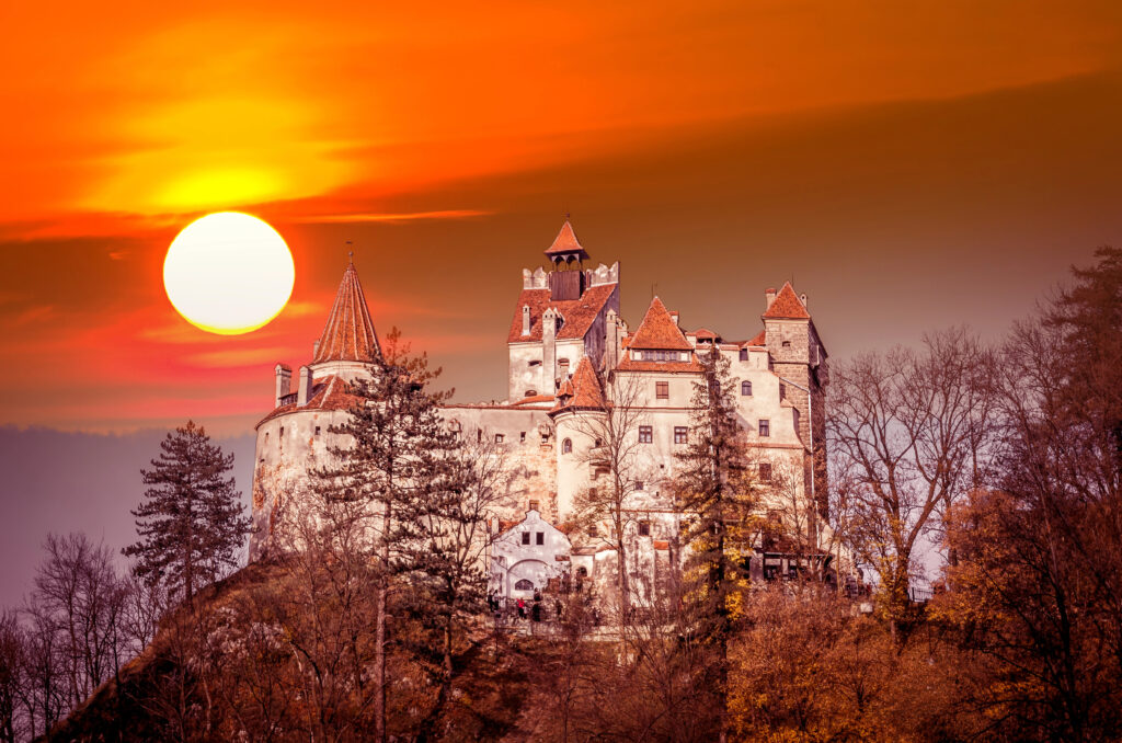 Spectacular sunset over Bran Castle, Transylvania, Romania.