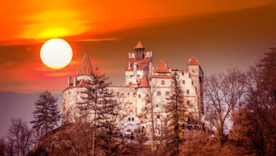 Spectacular sunset over Bran Castle, Transylvania, Romania.