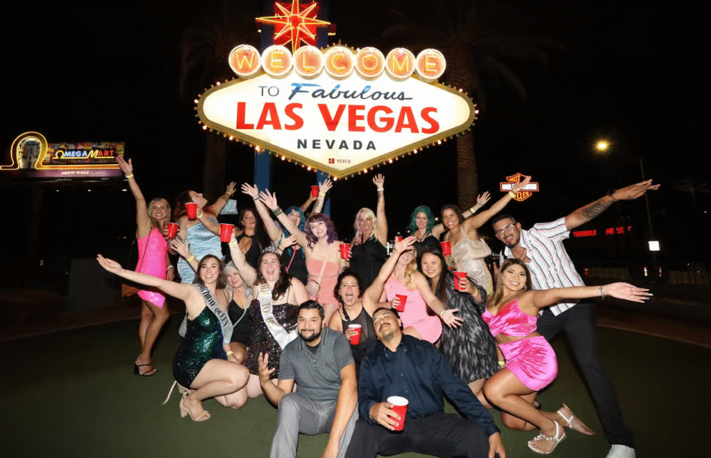 Party bus passengers posing at iconic Vegas sign during nighttime party bus las vegas photo session