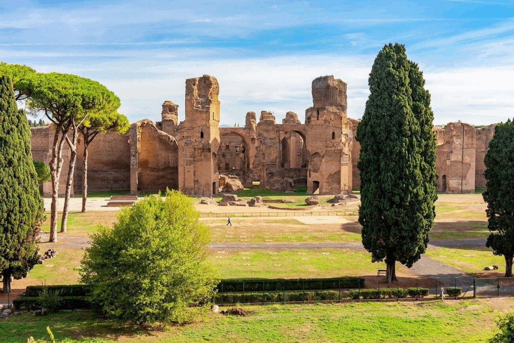 baths of caracalla tickets image showing the expansive ruins and open grounds of the ancient Roman bath complex in Rome