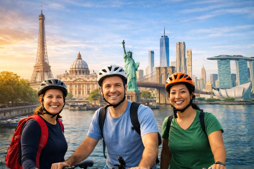 City bike tours showing cyclists exploring major world landmarks in Paris, New York, and Singapore