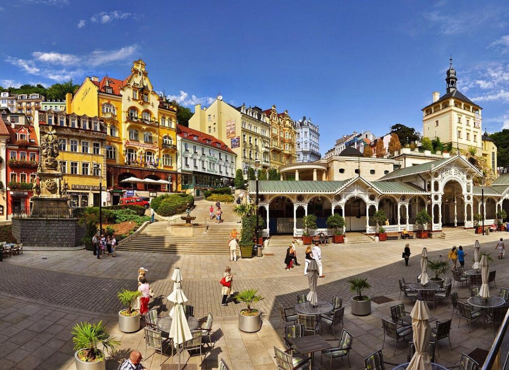 Day trips from Prague featuring the colorful spa town of Karlovy Vary with its colonnades and historic buildings