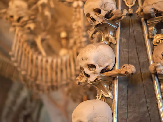 Day trips from Prague showing visitors inside Sedlec Ossuary's bone chapel viewing chandelier