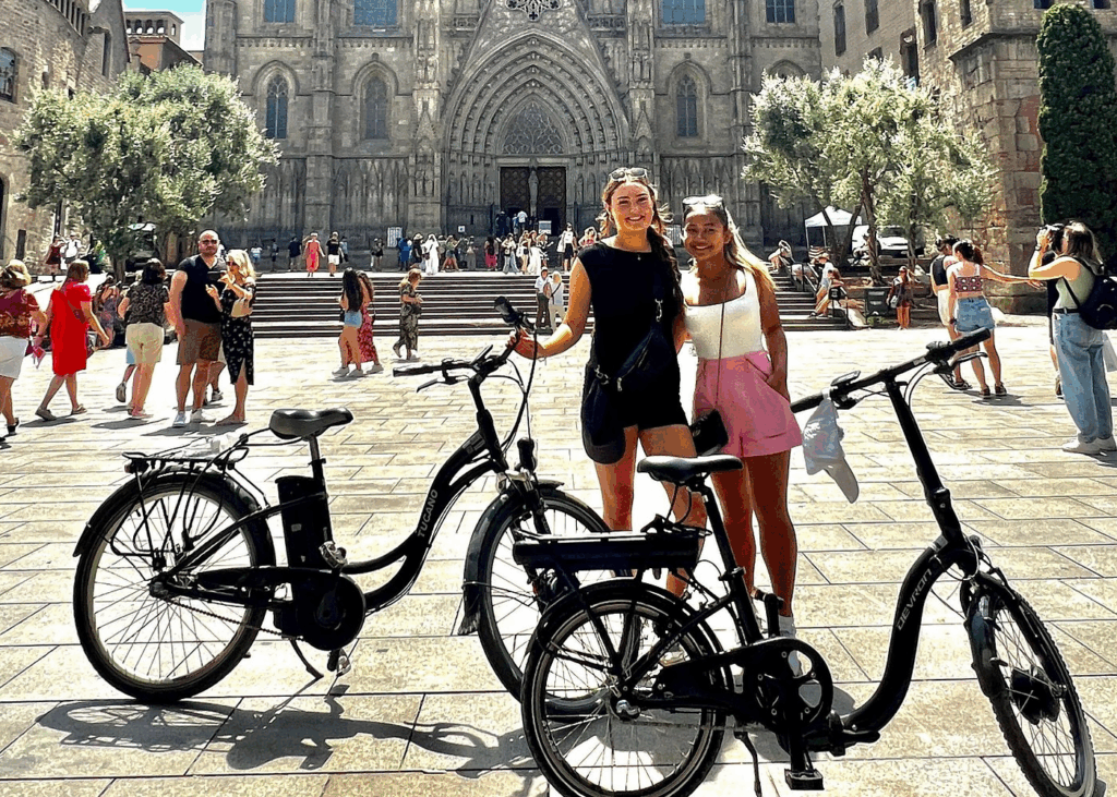 City bike tours in Barcelona showing cyclists riding coastal bike paths and city streets
