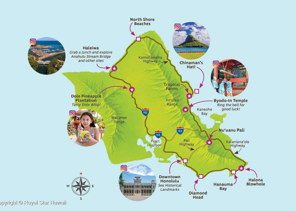Map showing major stops and scenic highlights on a circle island tour oahu around the island including North Shore and Hanauma Bay.