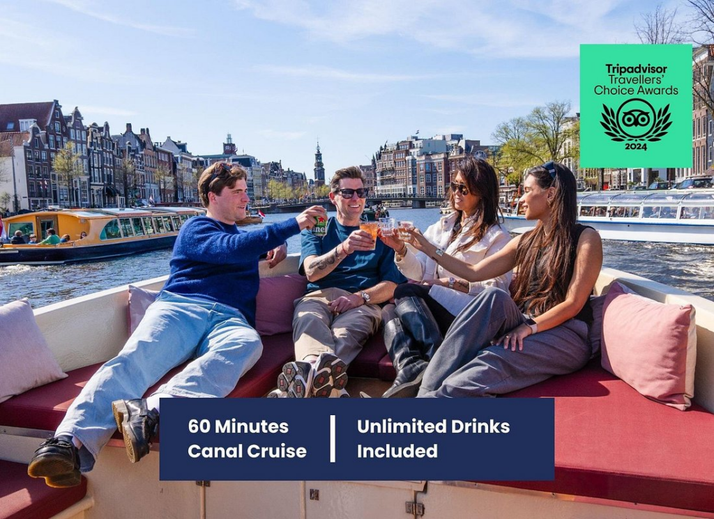 friends relaxing with drinks on an amsterdam open boat canal cruise along scenic city canals