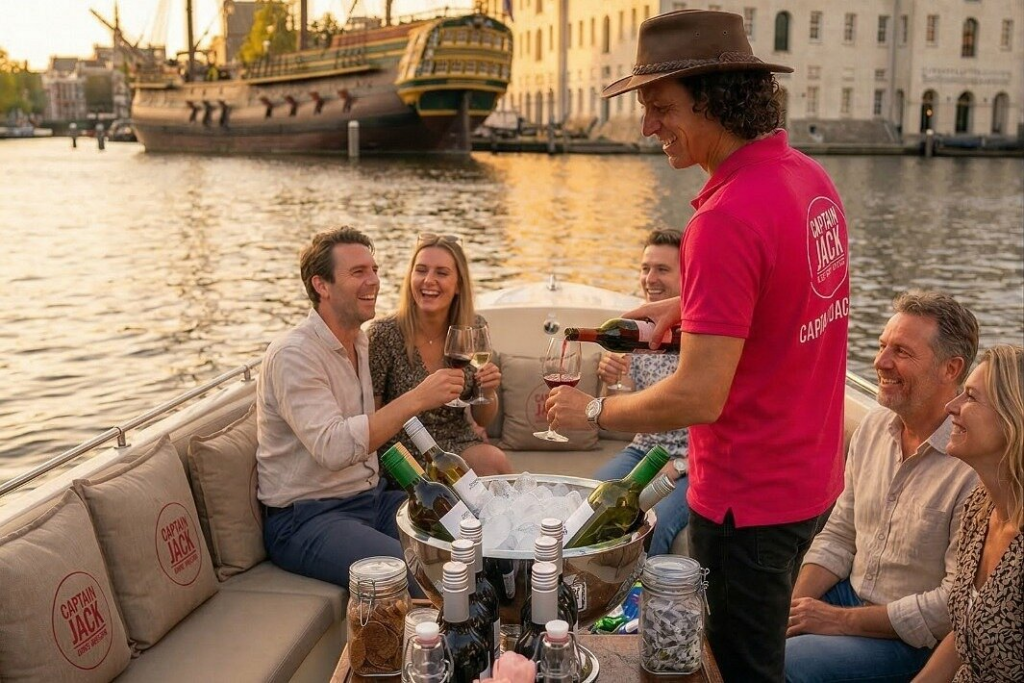 guests enjoying drinks during an amsterdam open boat canal cruise with sunset waterfront views